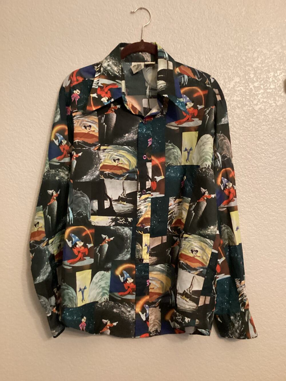 Vintage 70s Kennington Mickey Mouse Fantasia Polyester Disco Long sleeve Shirt M